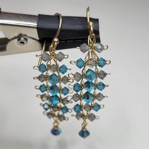 Blue Crystals Earrings Gold Tone? over Sterling Silver Caterpillar Style 3 rows